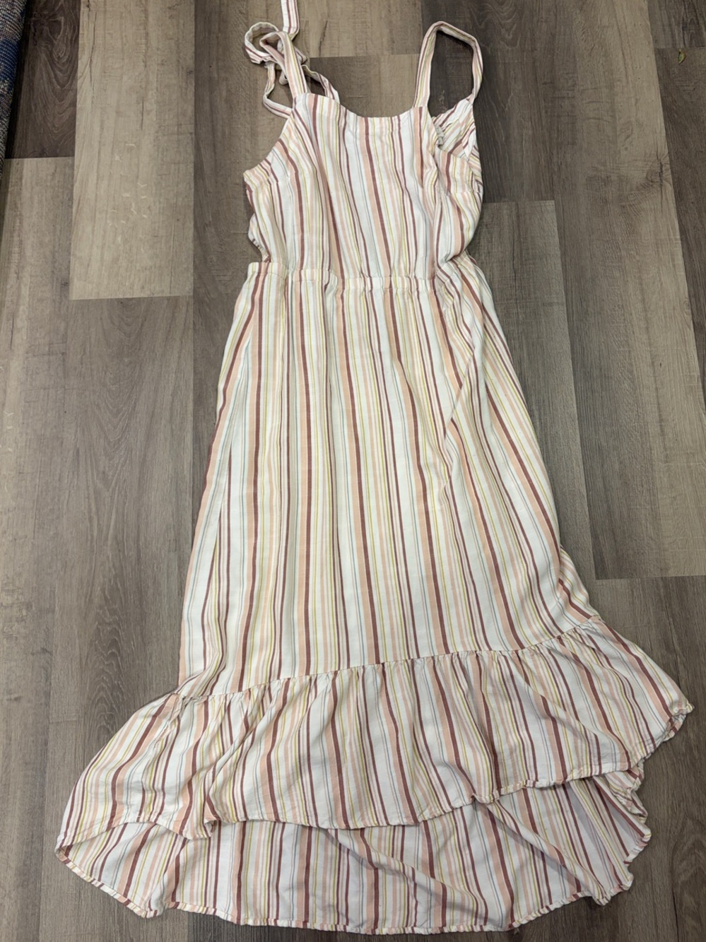 LOFT Pink Cream and Yellow Striped Tie-Shoulder Maxi Sundress